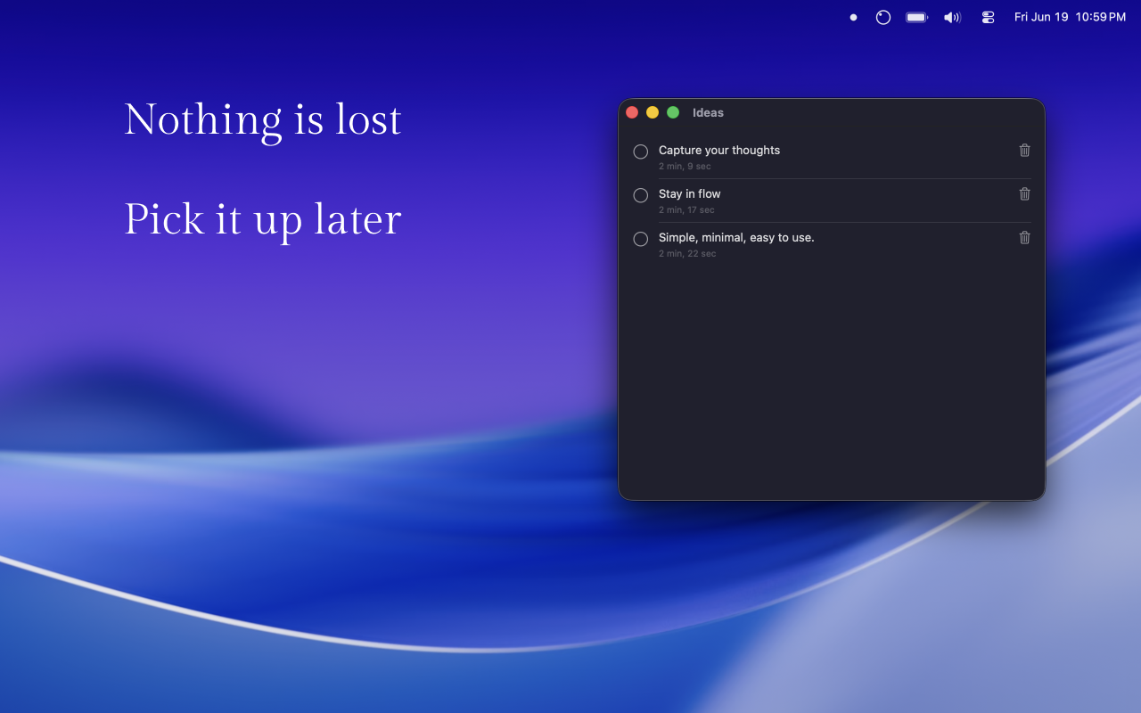 The Ideas list showing saved thoughts